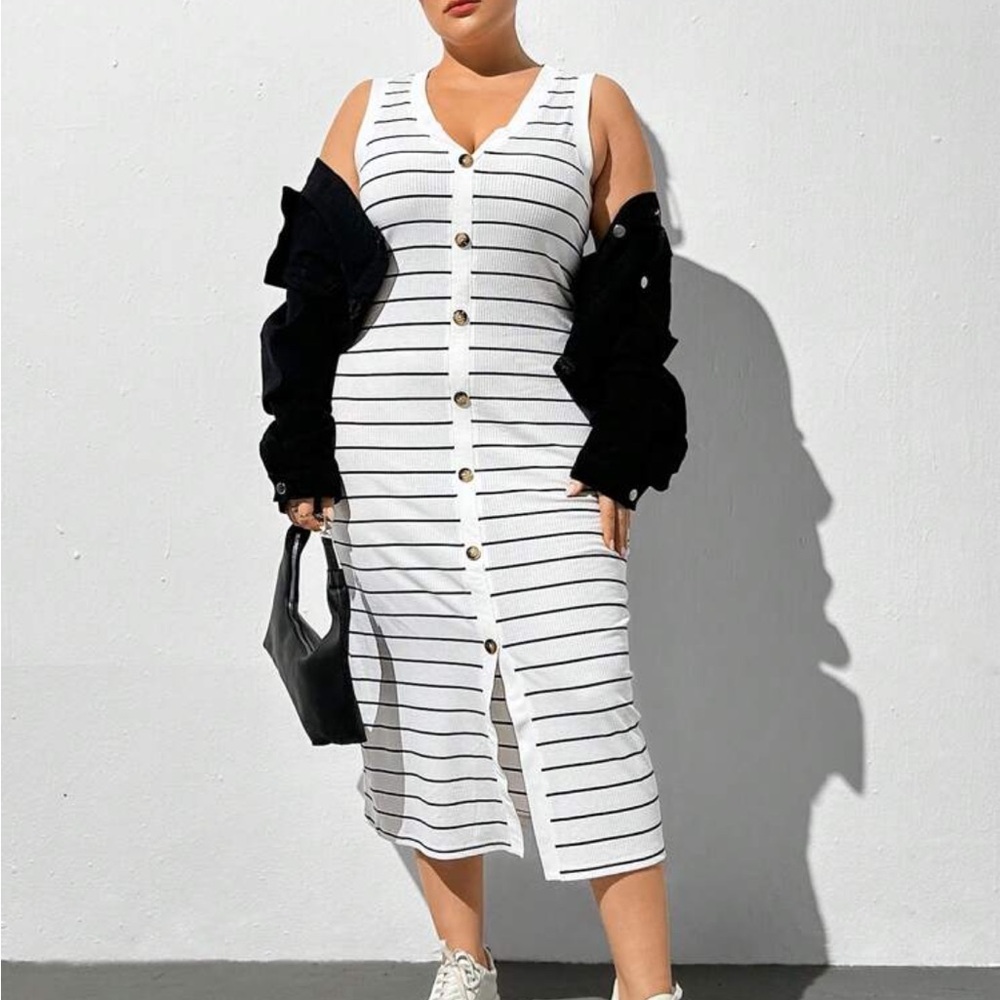 Classic Plus Size Striped Front Button Down Sleeveless Dress White - Picture 3 of 5